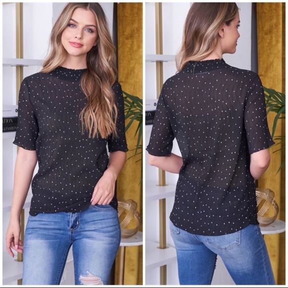 NWT Polka Dot Print Tailored Mock Neck Half Sleeve Top | Black & White | S M L - Picture 2 of 9